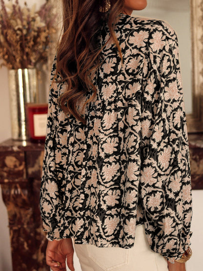 Elegant Black Floral V-Neck Pleated Blouse with Puff Sleeves