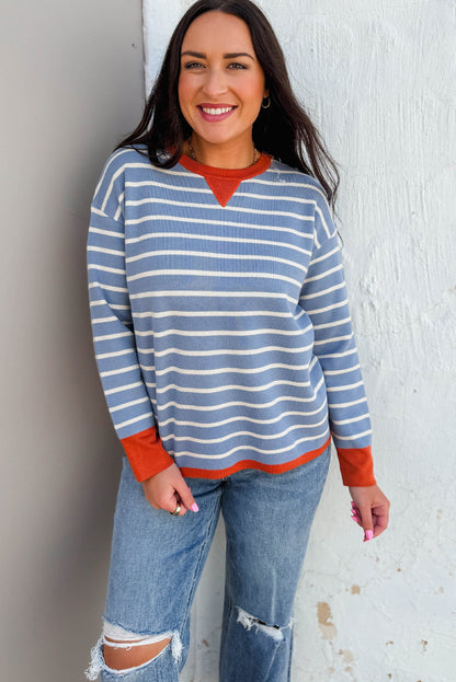 Sky Blue Stripe Ribbed Color Block Detail Drop Shoulder Sweater