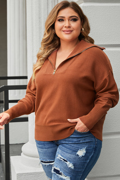 Cozy Brown Zip-Up Collar Plus Size Sweater with Ribbed Detail