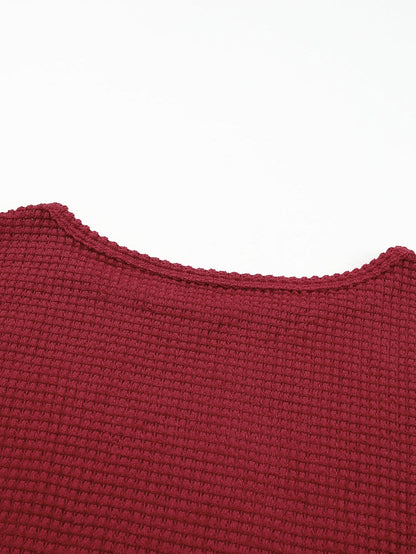 Fiery Red Waffle Knit Drop Sleeve Casual Top