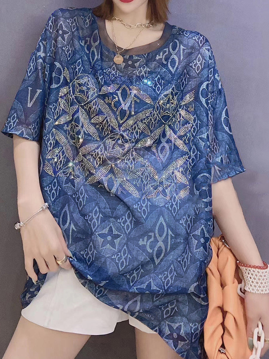 T-Shirts - Short-Sleeved Print Hot Diamond Loose T-Shirt - MsDressly