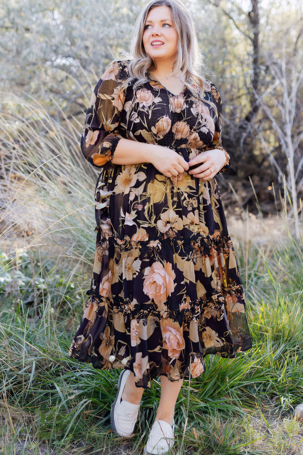 Black Floral Smocked Bust 3/4 Sleeve Tiered Ruffle Plus Size Long Dress