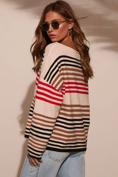 Red Stripe Raw Seam Round Neck Drop Shoulder Sweater
