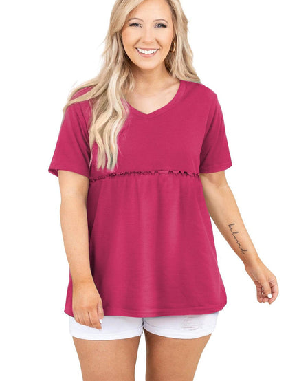 Elegant Rose Red Plus Size V-Neck Babydoll Top