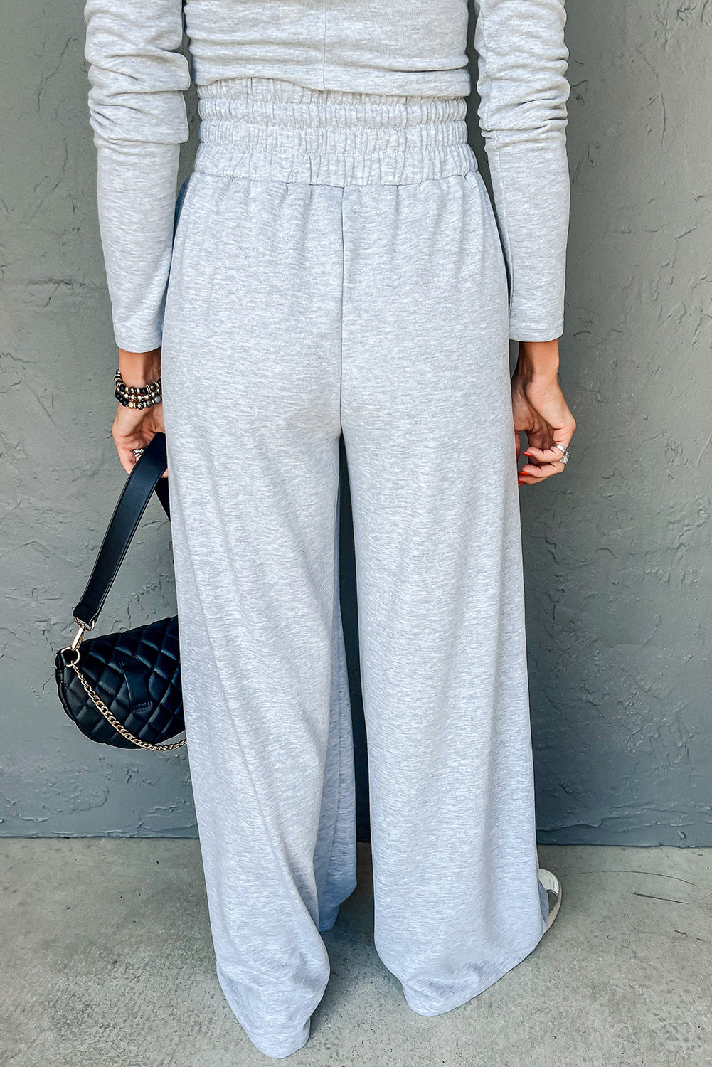 Light Grey Long Sleeve High Neck Slim Top Smocked Waist Central Seam Pants Set