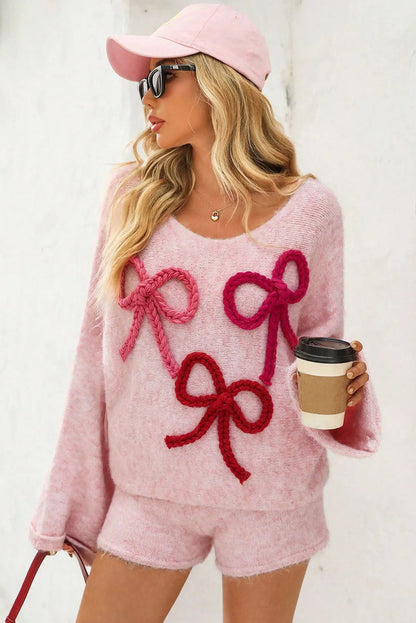 Pink Braided Bow Detail Round Neck Baggy Sweater