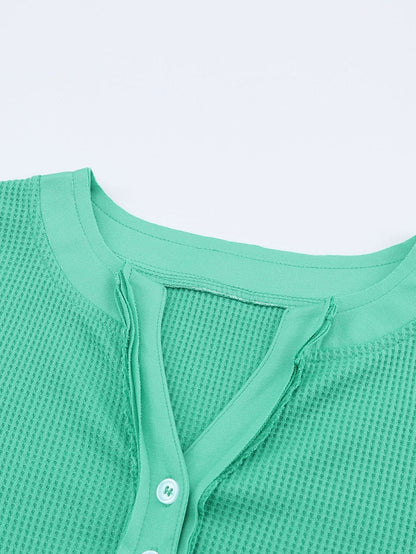 Green Button-Up Waffle Knit Henley Top