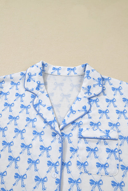 Sky Blue Bow Print Long Sleeve Shirt and Pants Soft Pajama Set