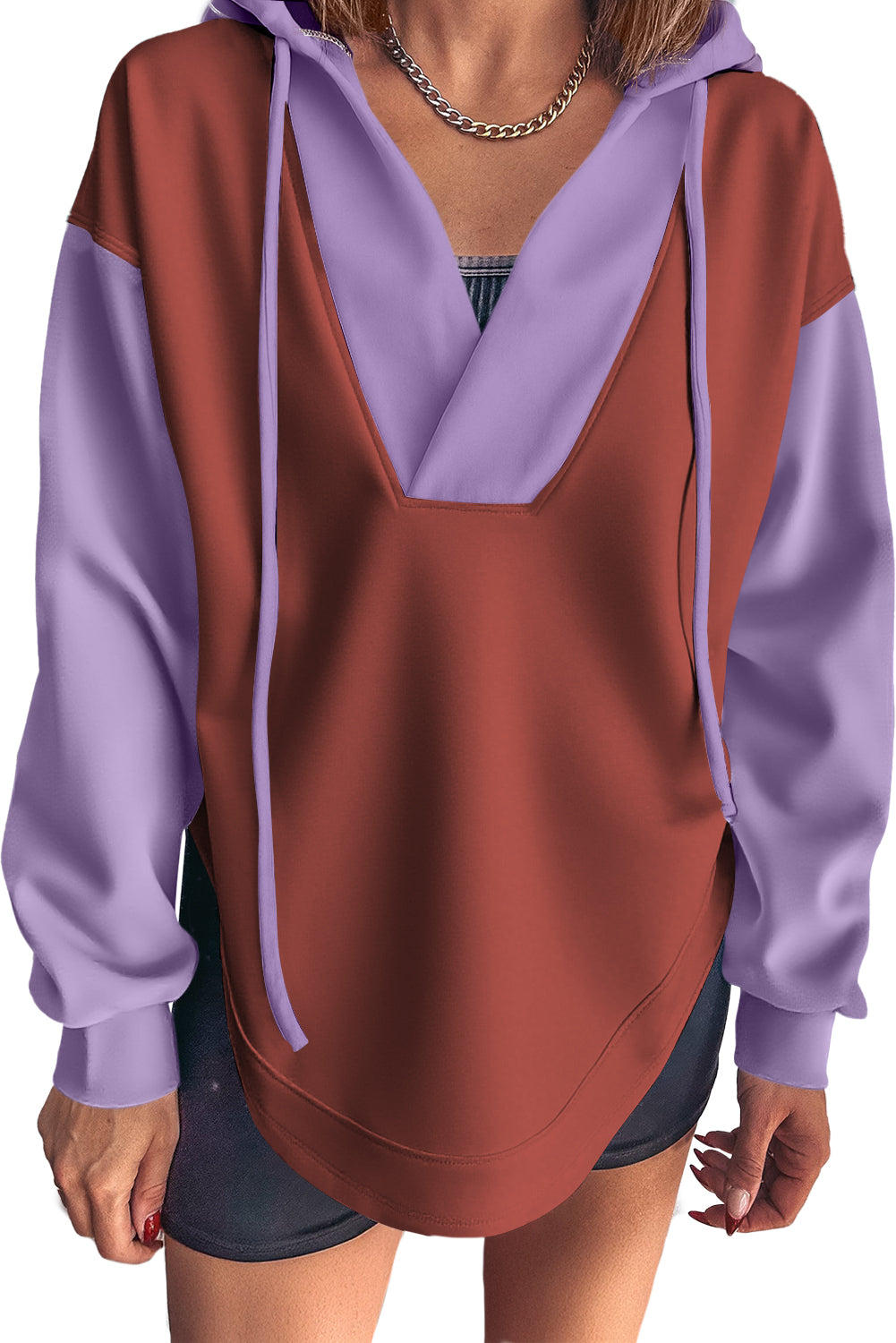 Red Sandalwood Color Block Patchwork V Neck Drawstring Hoodie