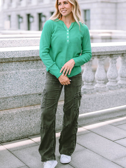 Green Button-Up Waffle Knit Henley Top