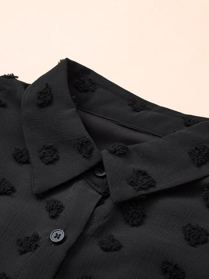 Elegant Black Polka Dot Fuzzy Button-Up Blouse