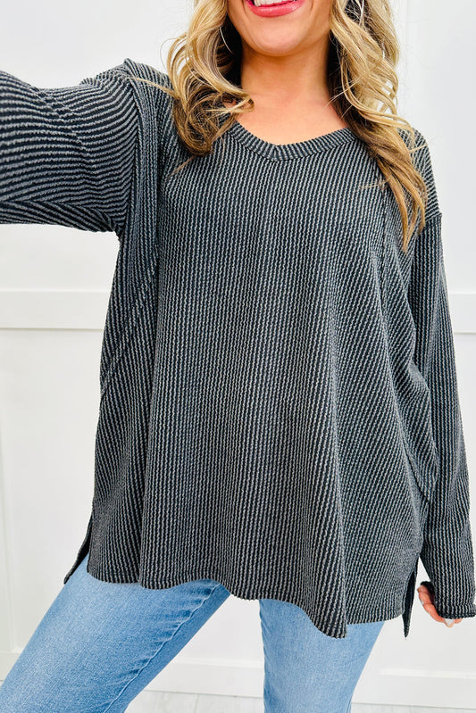 Dark Grey Twisted Rib Texture Exposed Seam Patchwork Loose Long Sleeve Top
