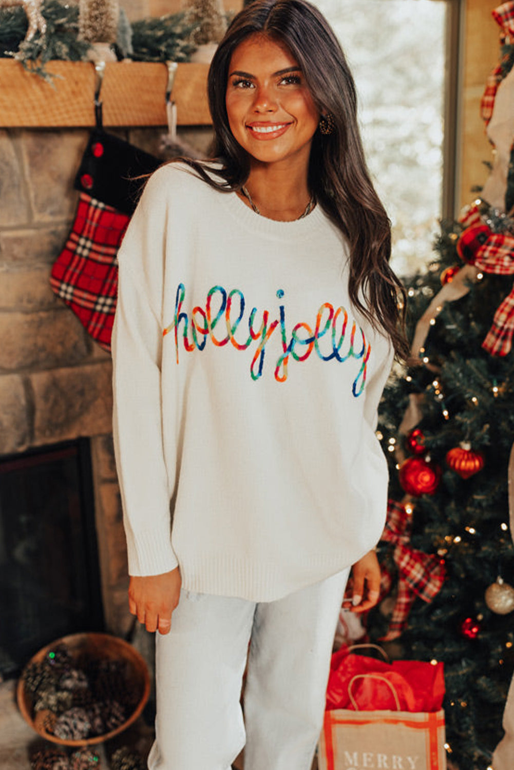 Beige Colorful Holly Jolly Christmas Knit Loose Sweater