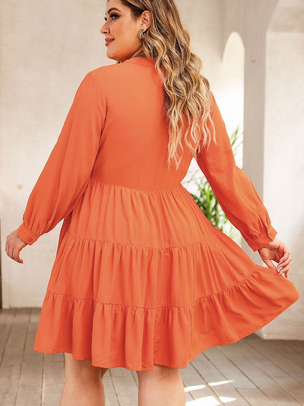 Orange Plus Size Embroidered Tiered Ruffle Dress