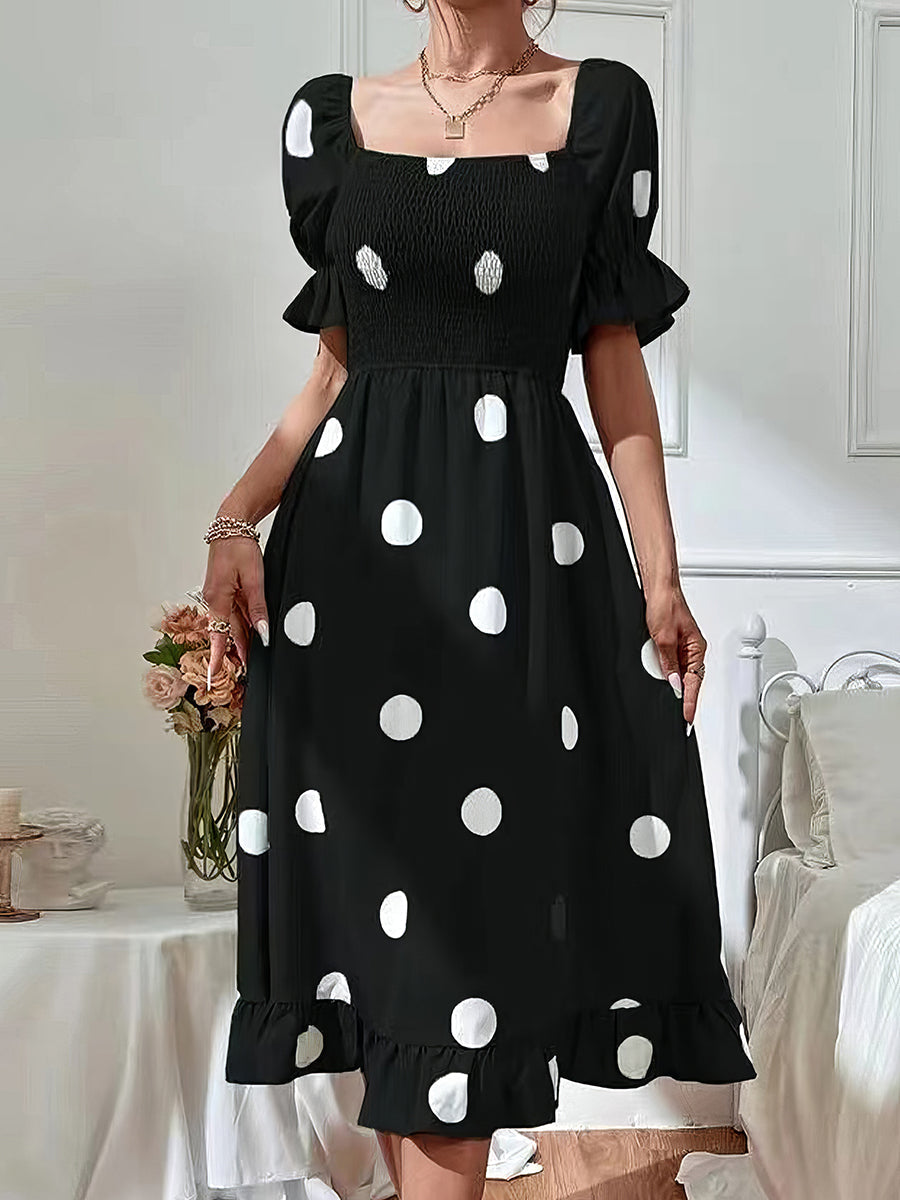 Midi Dresses - Polka Dot Print Puff Sleeve Frill Midi Dress - MsDressly