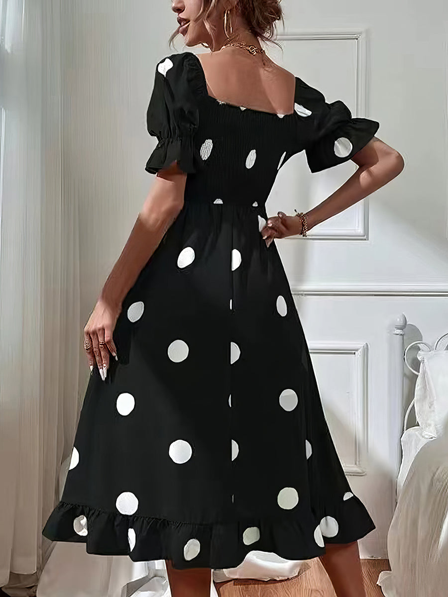 Midi Dresses - Polka Dot Print Puff Sleeve Frill Midi Dress - MsDressly