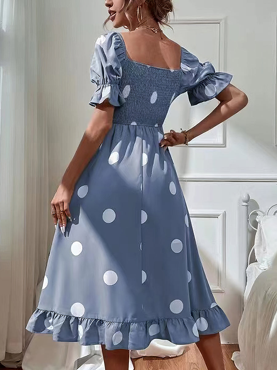 Midi Dresses - Polka Dot Print Puff Sleeve Frill Midi Dress - MsDressly