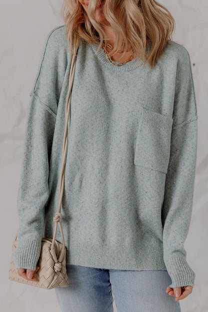 Smoke Green Confetti Knit Ribbed Trim Drop Shoulder Baggy Sweater