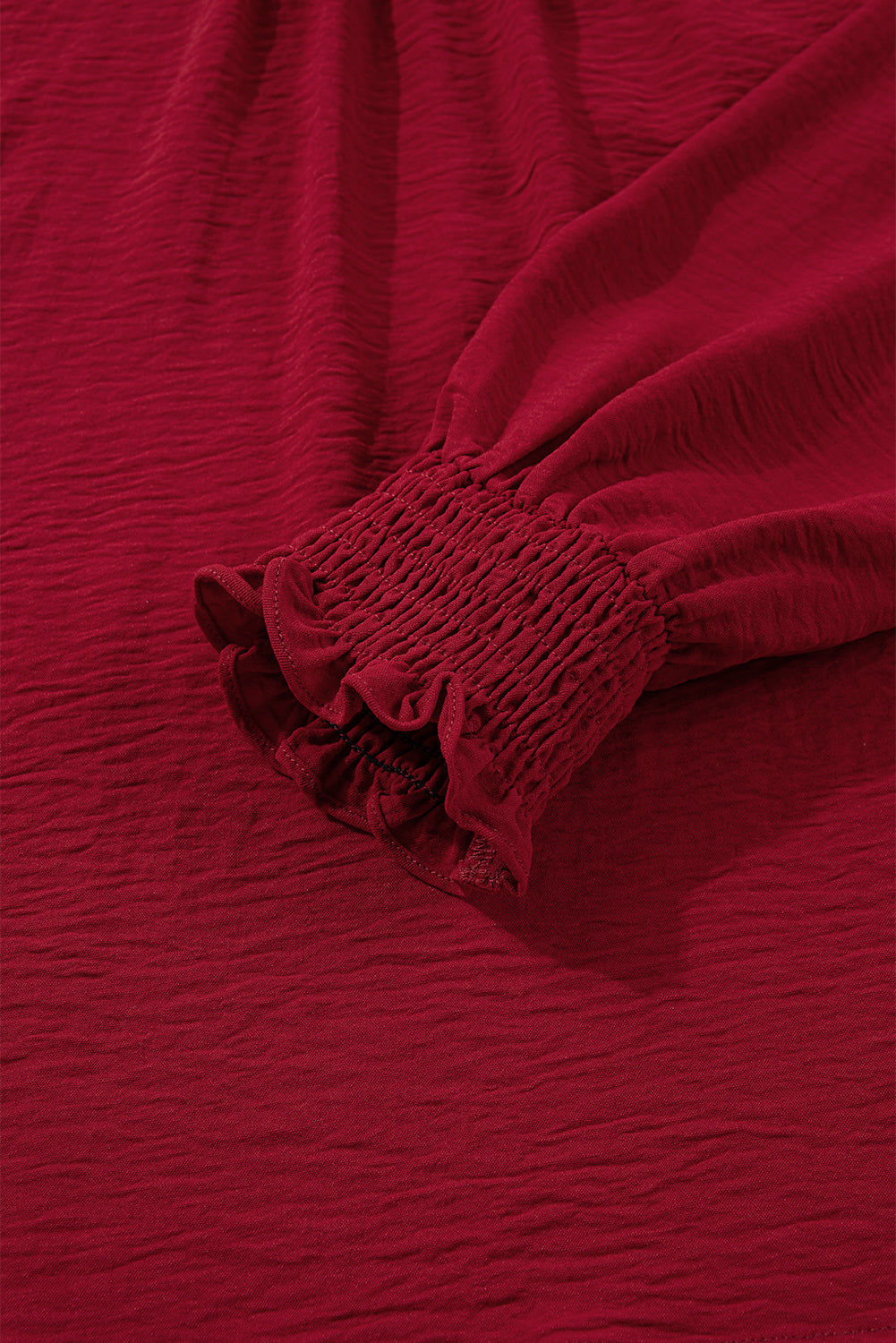 Burgundy Notched Neck Shirred Cuff Long Sleeve Blouse
