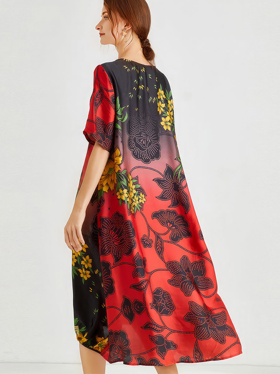 Midi Dresses - Loose Slimming Printed Short Sleeved Midi Dress - MsDressly