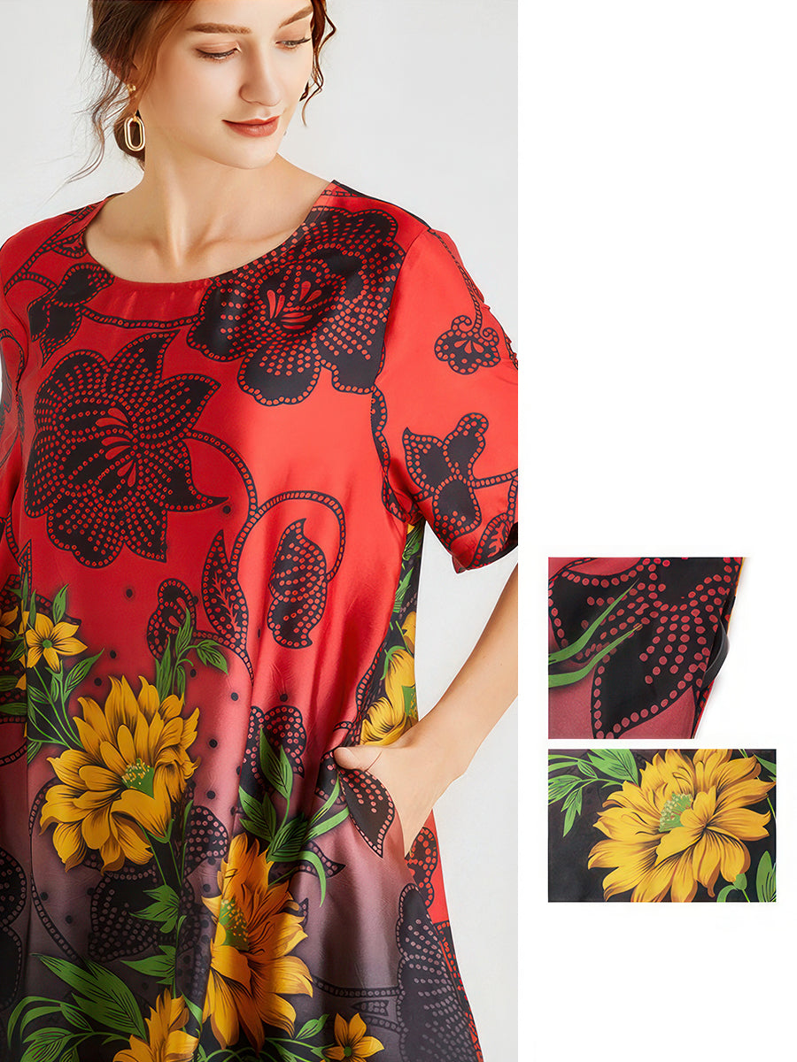 Midi Dresses - Loose Slimming Printed Short Sleeved Midi Dress - MsDressly