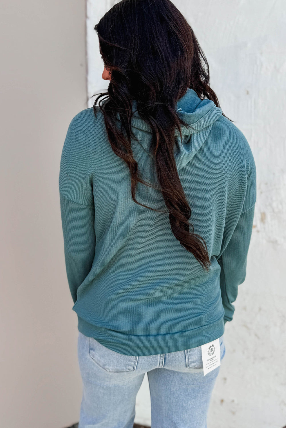 Canton Color Block Ribbed Knit Button Neck Drop Shoulder Hoodie