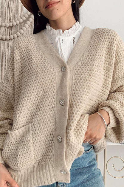 Parchment Textured Knit Side Pockets Buttoned V Neck Cardigan
