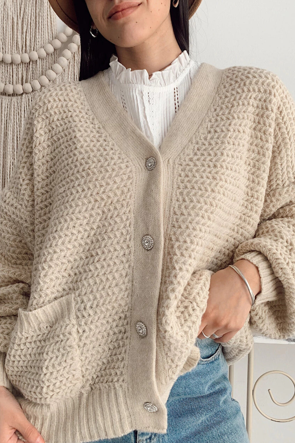 Parchment Textured Knit Side Pockets Buttoned V Neck Cardigan