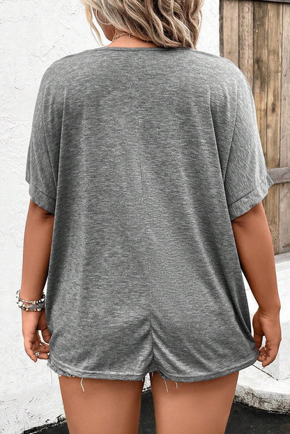 Chic Gray V Neck Batwing Sleeve Plus Size Top