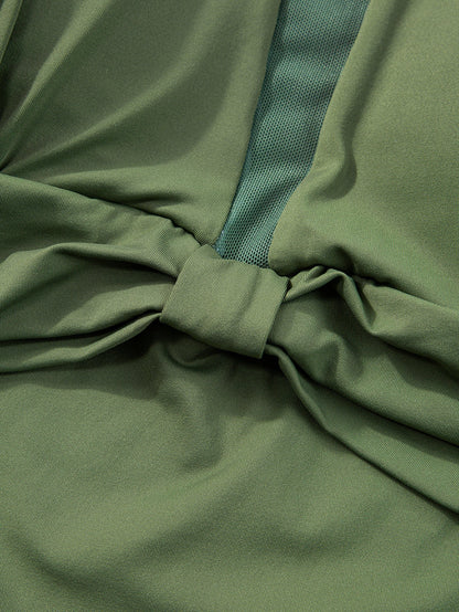 Green Mesh Ruched Tankini with High Neck Plunge