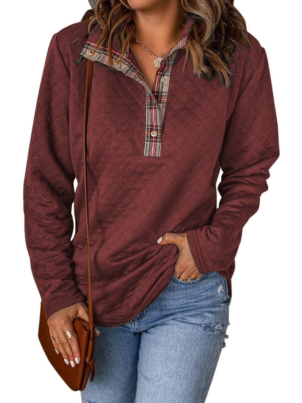 Fiery Red Plaid Trim Sweatshirt with Geometric Detail