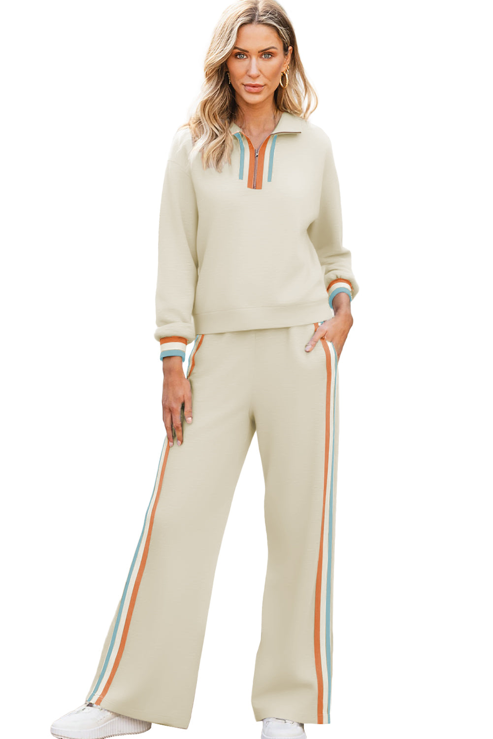 Apricot Striped Patchwork Quarter Zip Pullover Loose Pant Set