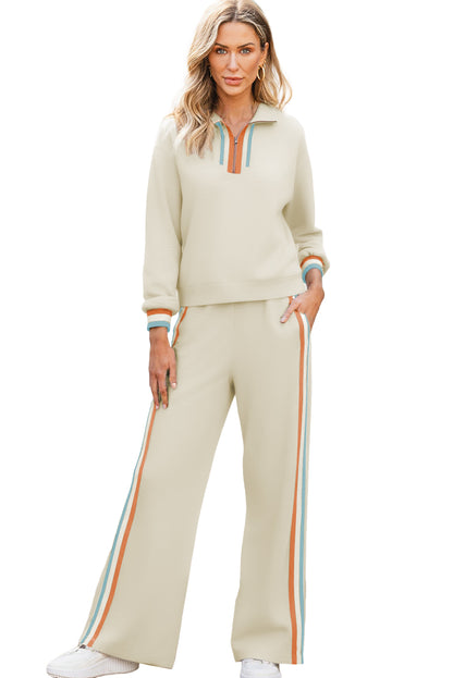 Apricot Striped Patchwork Quarter Zip Pullover Loose Pant Set