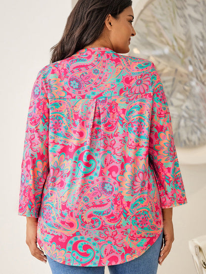 Rosy Paisley Print V Neck Shift Blouse for Plus Size Comfort
