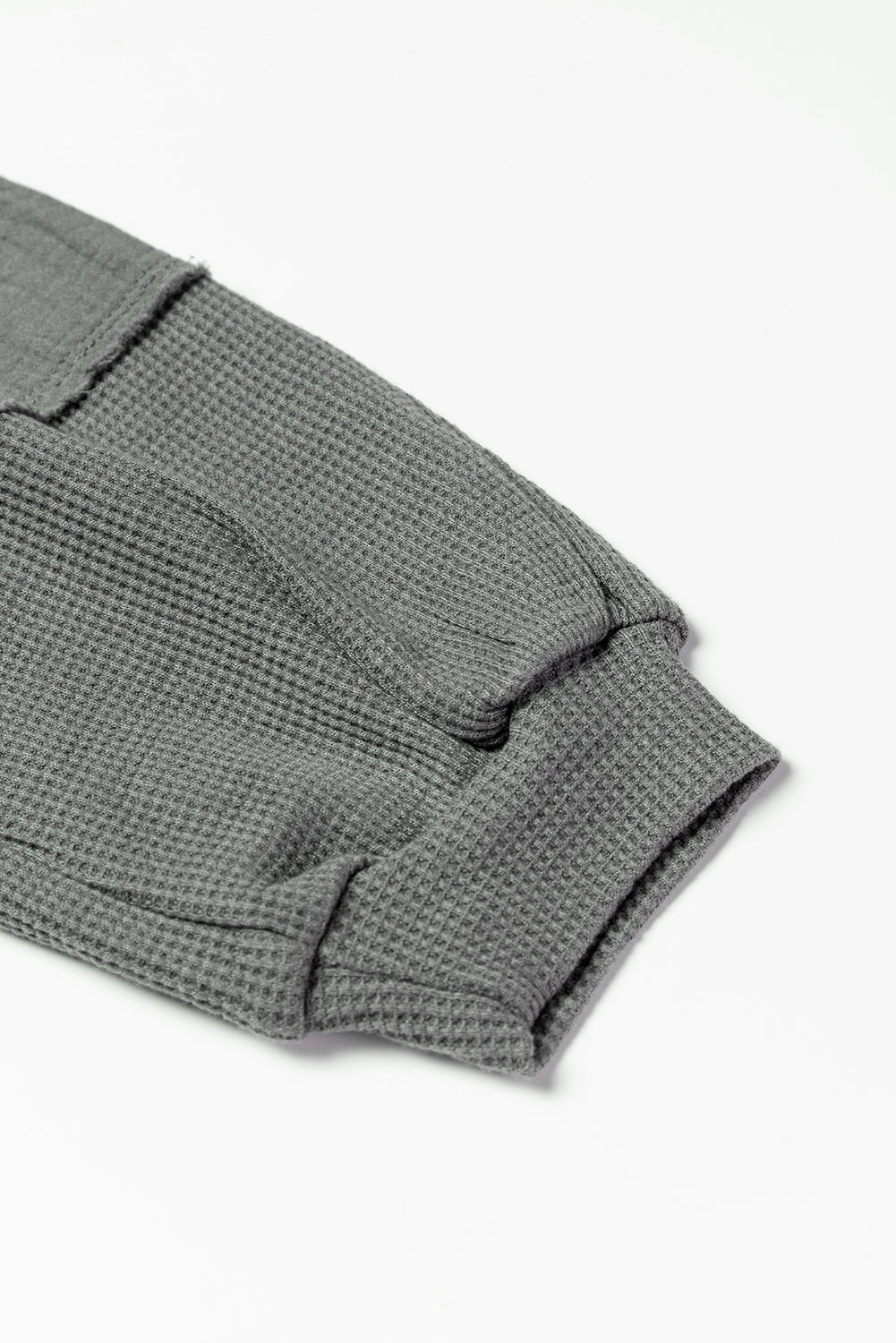 Gray Crinkled Texture Patchwork Waffle Knit Top with Bubble Sleeves
