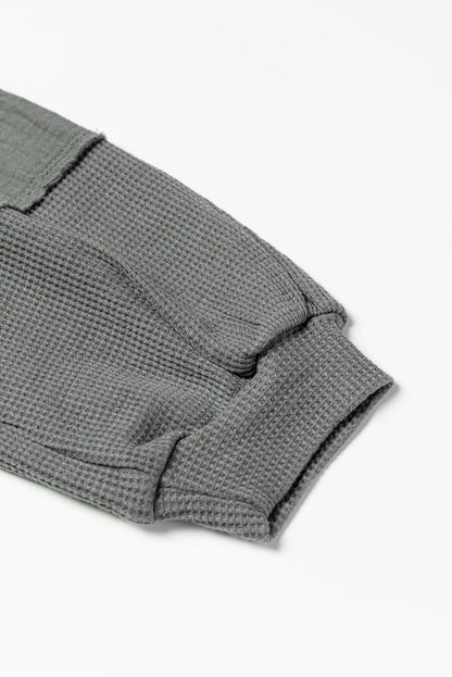 Gray Crinkled Texture Patchwork Waffle Knit Top with Bubble Sleeves