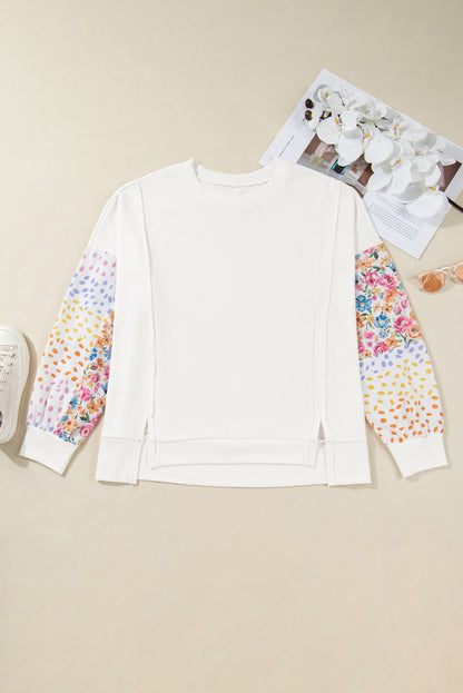 White Plus Size Exposed Seam Detail Contrast Dot Floral Patchwork Sleeve Sweatshirt