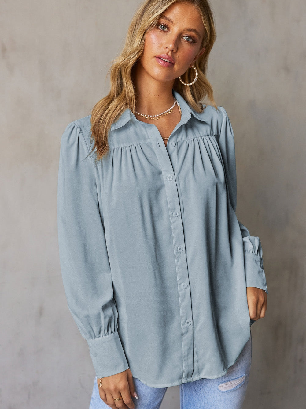 Elegant Sky Blue Puff Sleeve Polyester Blouse