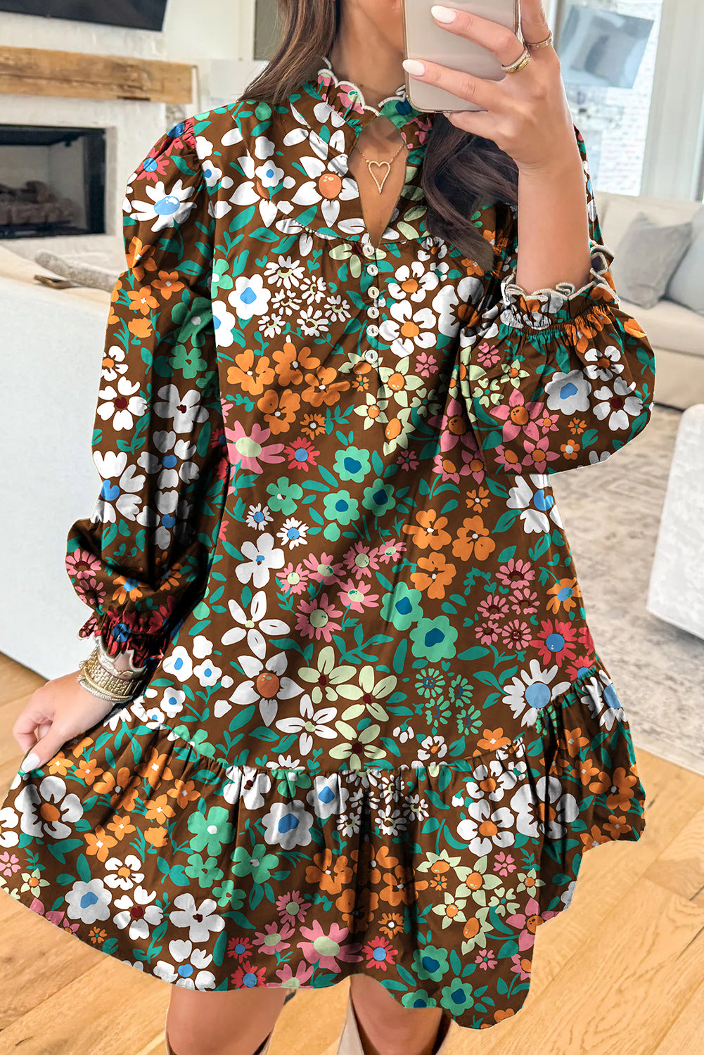 Brown Floral Print Embroidered Ruffle Trim Split Neck Long Sleeve Ruffle Hem Dress