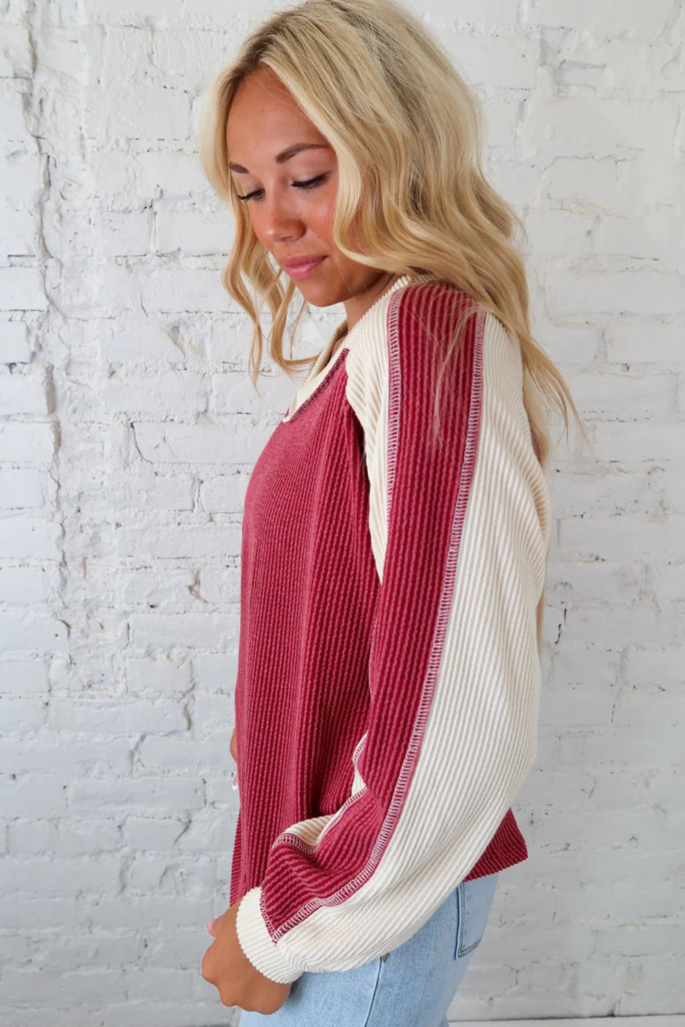 Racing Red Twisted Ribbed Color Block Patchwork Long Sleeve Top