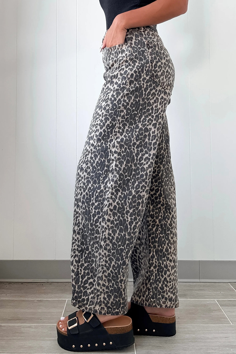Black Leopard Print High Waist Barrel Jeans