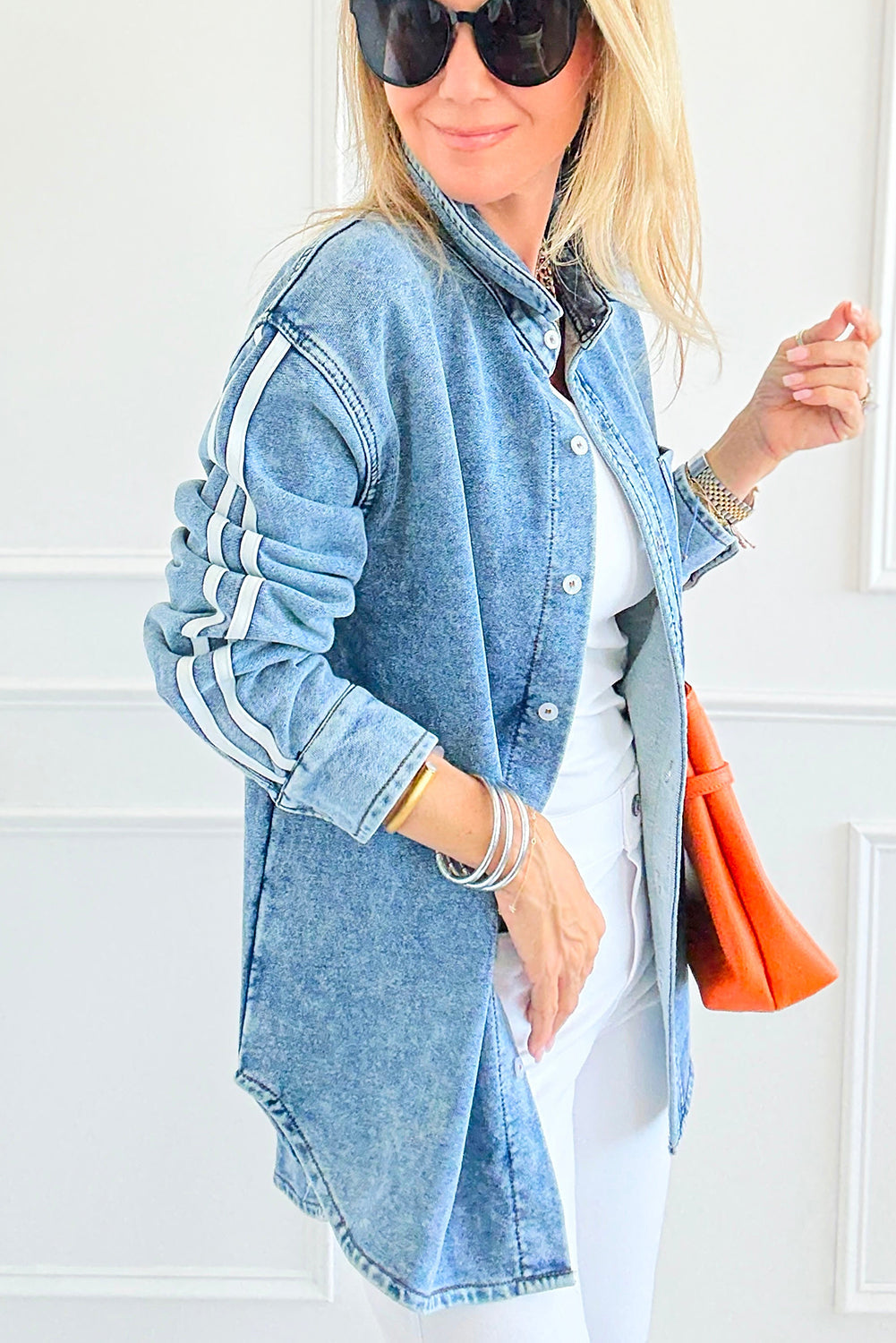 Myosotis Varsity Striped Sleeves Shirt Collar Button Down Denim Jacket