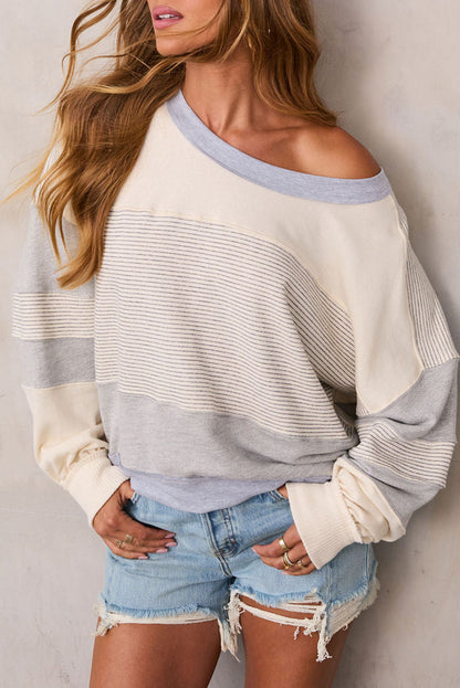 Beige Stripe Round Neck Baggy Pullover Sweatshirt