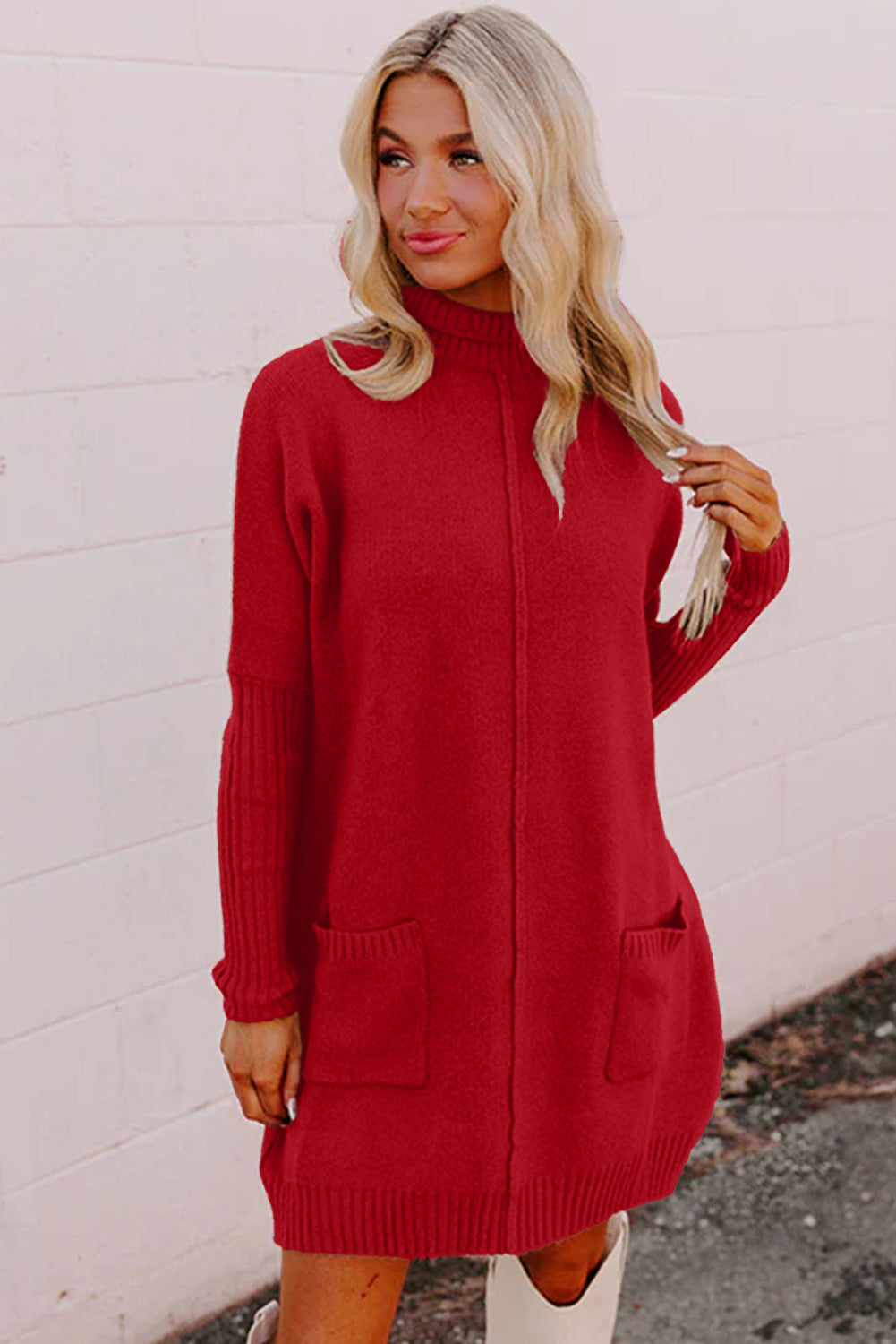 Fiery Red Ribbed High Neck Front Pockets Center Seam Shift Sweater Dress