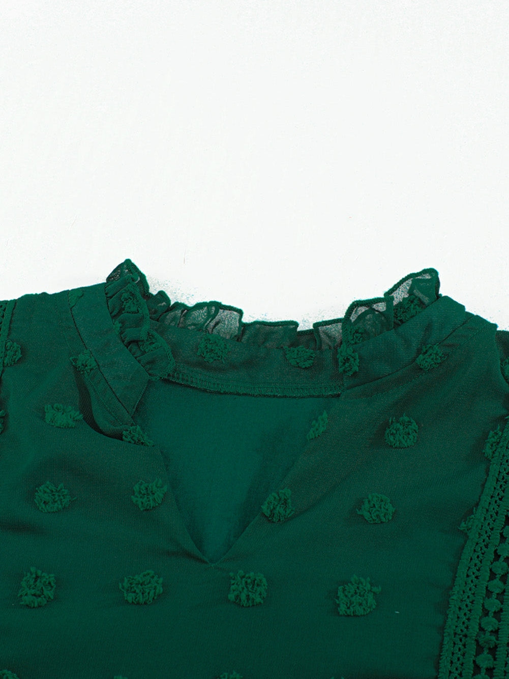 Green Polka Dot Lace Ruffle Split Neck Puff Sleeve Blouse