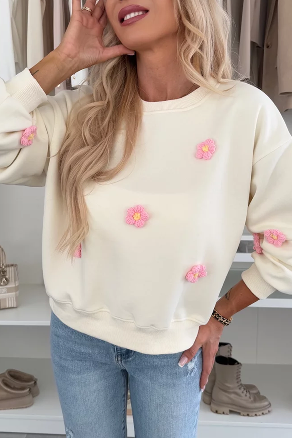 Beige Flower Crochet Drop Shoulder Pullover Sweatshirt