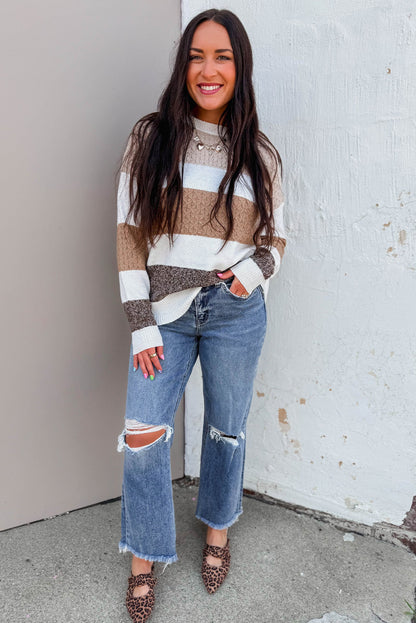 Brown Mixed Texture Knit Striped Color Block Loose Sweater