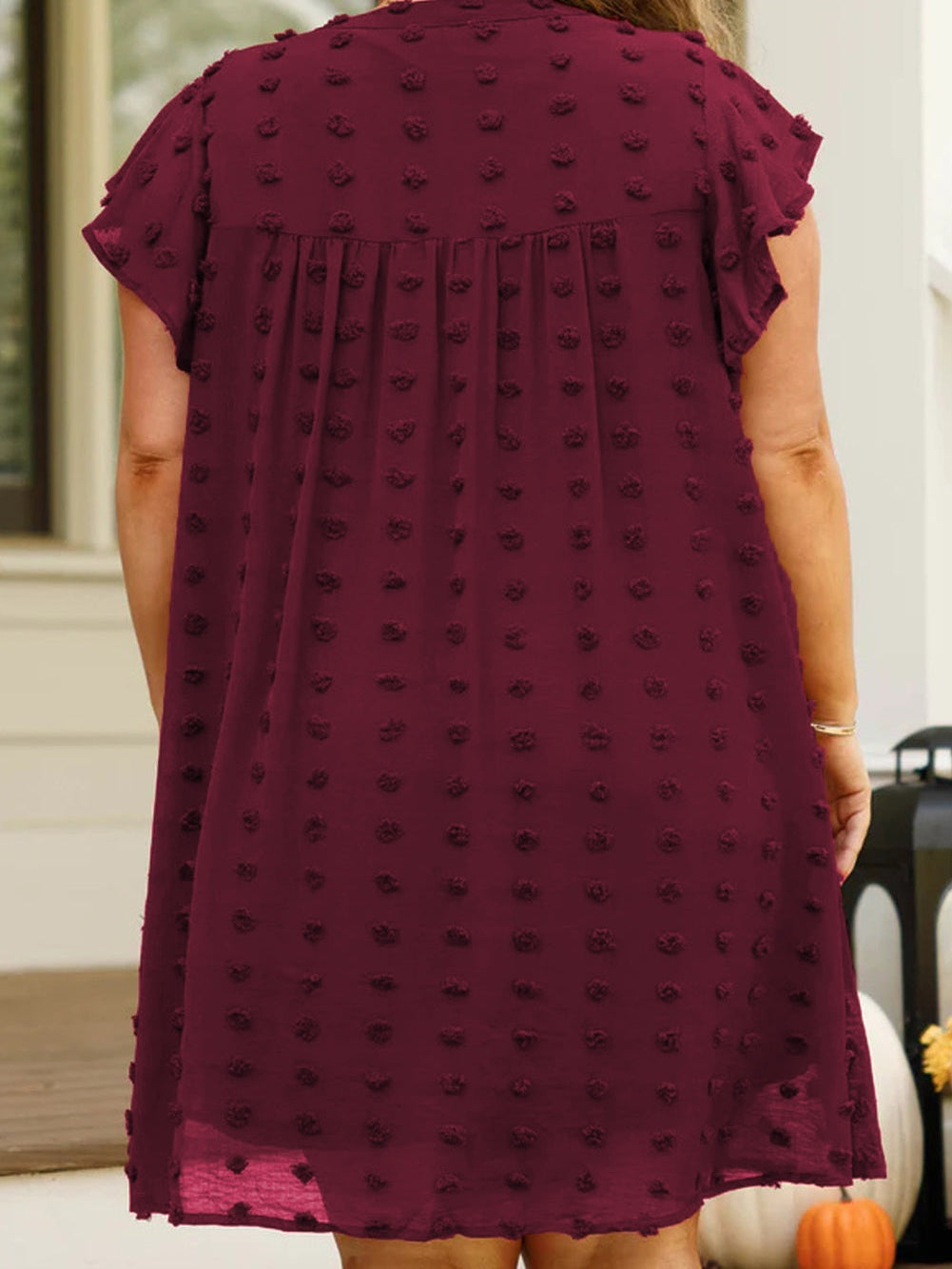 Swiss Dot Burgundy Plus Size V-Neck Mini Dress with Ruffled Sleeves