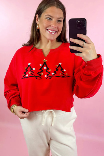 Tomato Red Christmas Tree Embroidered Notched Neck Cropped Sweatshirt