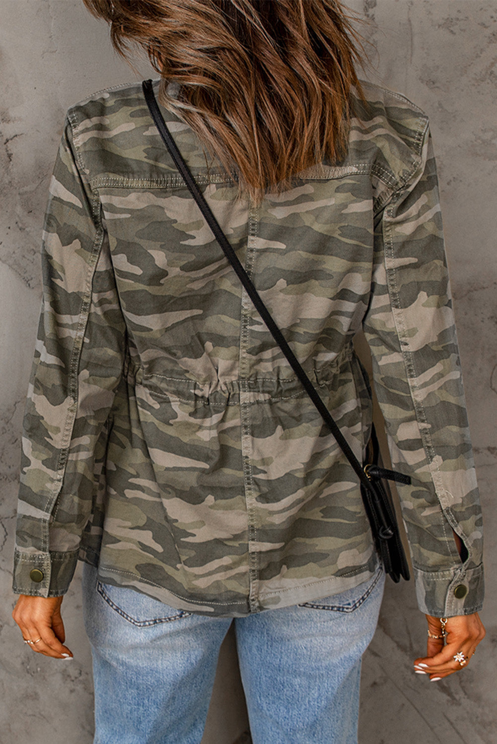 Green Camouflage Print Utility Jacket with Button Closure and Multiple Pockets